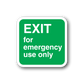 Green emergency exit sticker with white 'EXIT for emergency use only' text