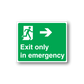 Exit only in emergency safety sign wall decal, green with white border, arrow and icon