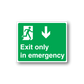 Emergency exit only sticker, green with white border and exit figure and text