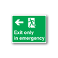 Green exit only in emergency sign sticker with left arrow, person icon, white text