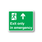 Green emergency exit decal with white border, running-man icon, and 'Exit only in emergency'