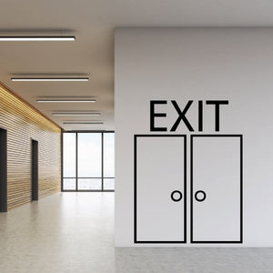 Exit wall decal with bold 'EXIT' text and double door icon with circular handles