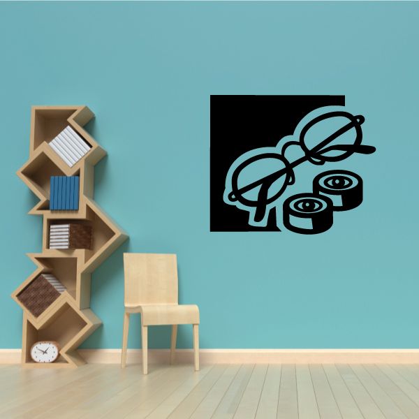 Eyeglasses wall decal with blue outline on dark rectangle background