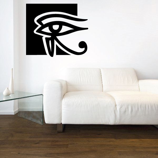 Eye of Ra wall decal with stylized eye and headdress, black and white vinyl