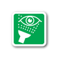 Green square sticker with white eye-rinse icon and water droplets