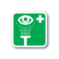 Green eye wash sticker with eye, water-dot spray, and white cross symbol
