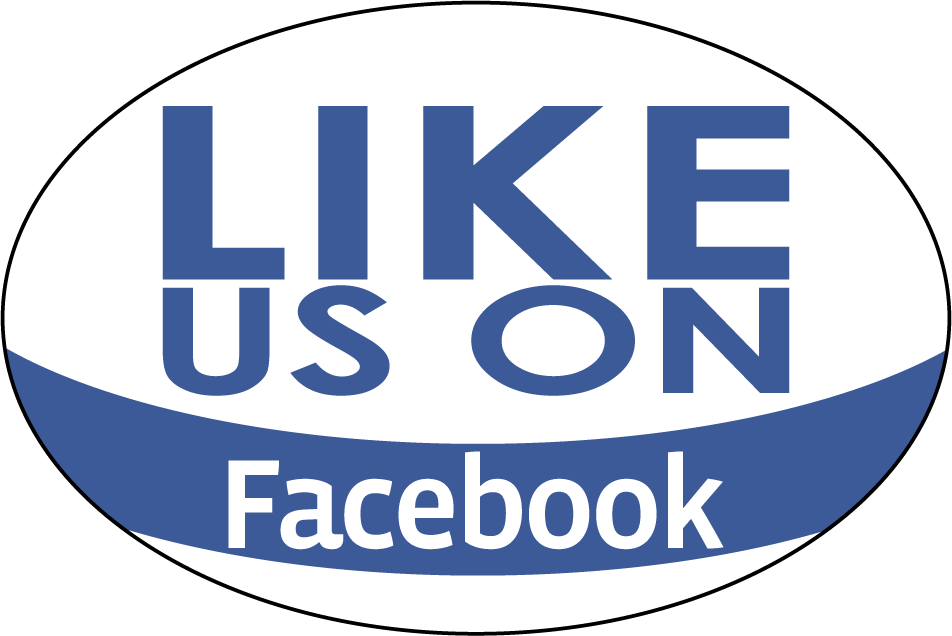 Blue Like Us on Facebook sticker with "LIKE US ON" and "Facebook" text