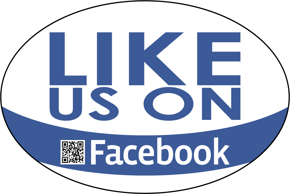 Blue Like Us on Facebook sticker with QR code and banner text