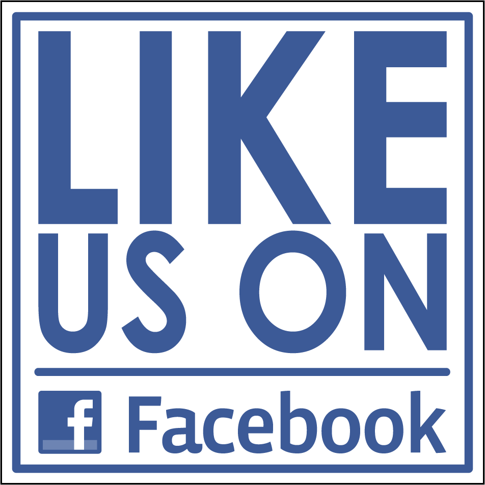 Blue square Like Us on Facebook sticker with Facebook 'f' logo and text