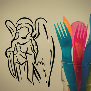 Praying angel decal with black line art wings and halo, face-less silhouette.