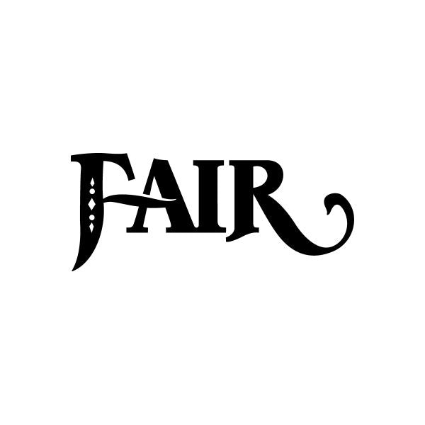 Vinyl decal sticker with bold black "FAIR" lettering and ornamental drop motif