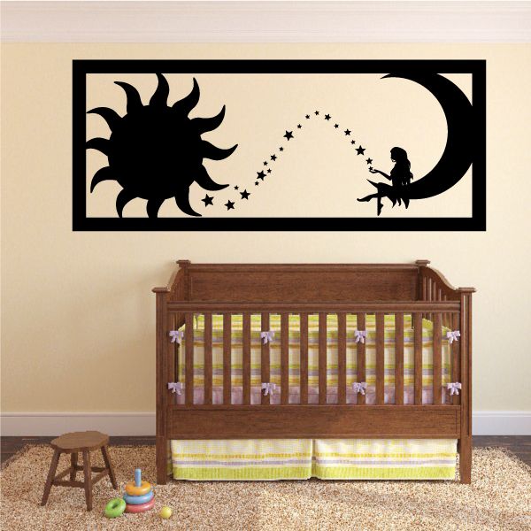Fairy sitting on the moon wall decal with stars and a small silhouette