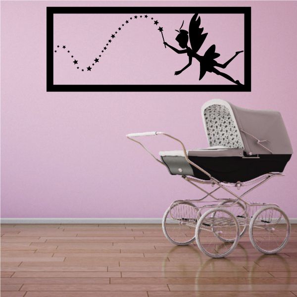 Fairy pixie dust wall decal with star trail and winged fairy silhouette