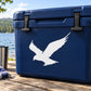 Blue cooler with white gliding falcon decal on the front