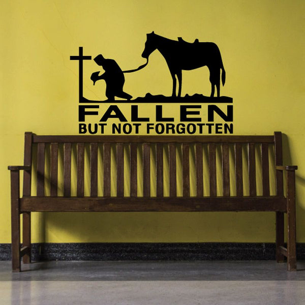 Fallen but not forgotten decal: black dog, cat, and cross silhouettes with 'FALLEN BUT NOT FORGOTTEN'