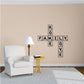 Wall decal with LOVE, FAMILY, and HOME arranged in stacked letter tiles