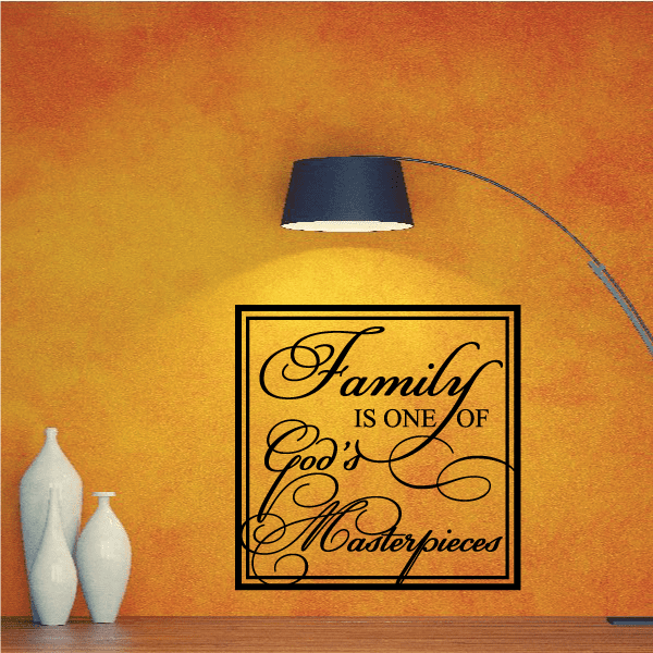 Square wall decal with ornate 'Family is one of God's Masterpieces' text