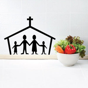 Family church wall decal with cross and praying family silhouettes inside a house shape.