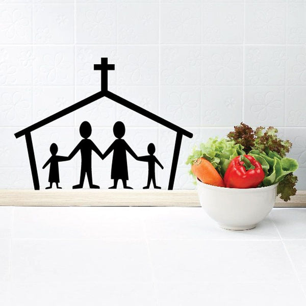 Family church wall decal with cross and praying family silhouettes inside a house shape.