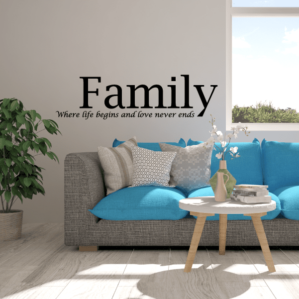 Family wall decal with script lettering and quote, black text on light wall