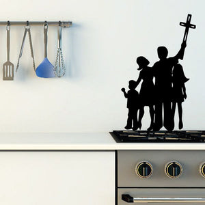 Family cross wall decal, black silhouette family with a tall cross