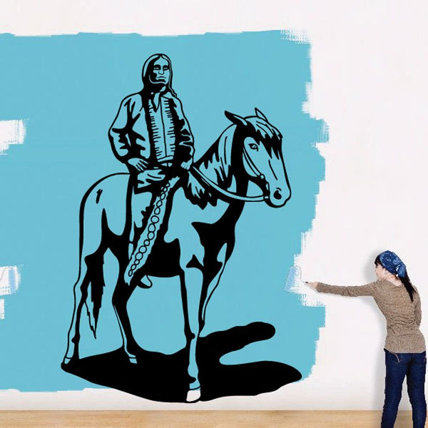 Native American horseback rider decal, black illustration on blue background