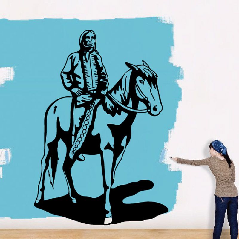 Native American horseback rider decal, black illustration on blue background