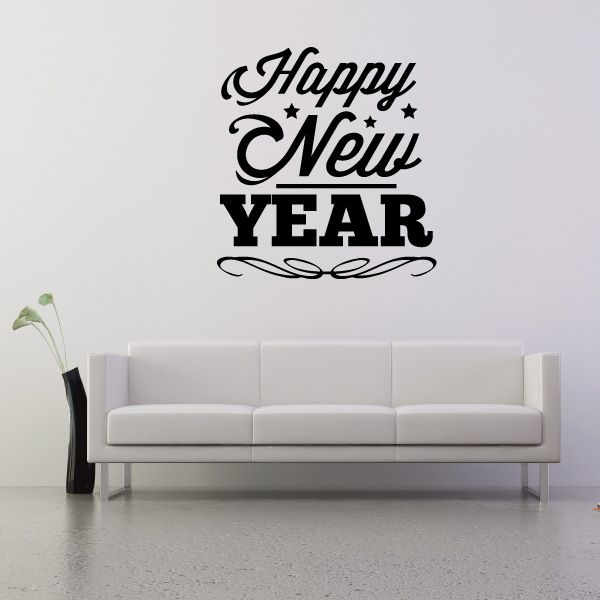 Happy New Year wall decal with black script typography
