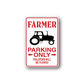 Farmer Parking Only sticker, red border with tractor icon and 'Violators will be plowed' text