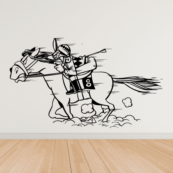 Racing horse and jockey decal, black-and-white line art with harness and reins