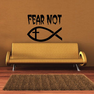 Christian fish decal with “FEAR NOT” text and cross-in-fish symbol, black.