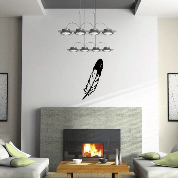 Black feather vinyl wall decal with leaf-style feather design.