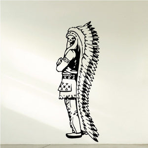 Skull-faced native warrior vinyl decal with long feather headdress