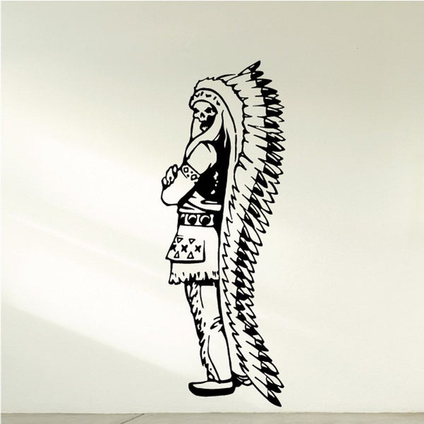 Skull-faced native warrior vinyl decal with long feather headdress