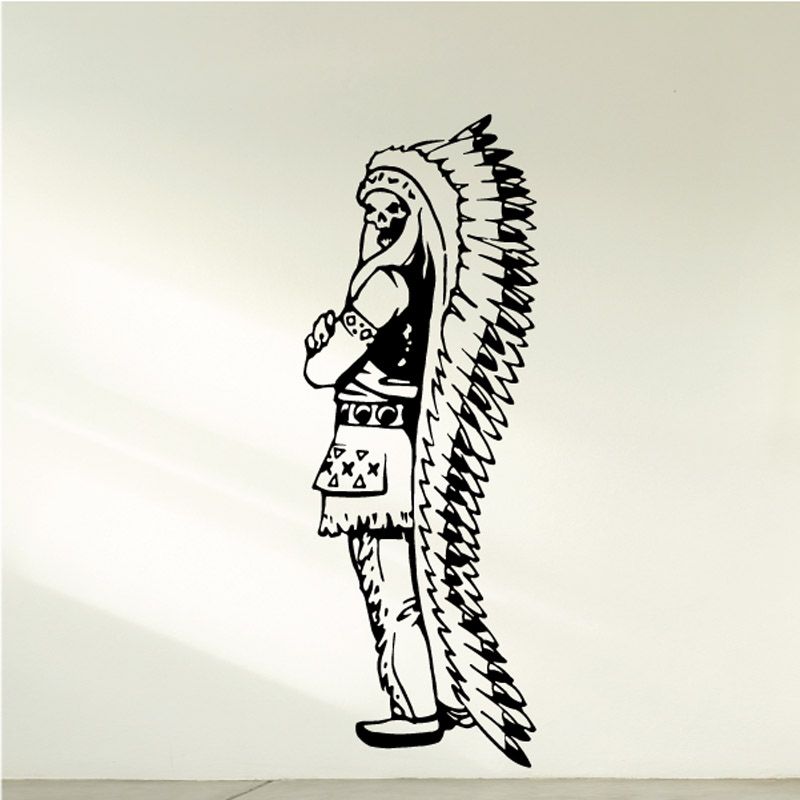 Skull-faced native warrior vinyl decal with long feather headdress