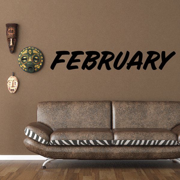 February wall decal with large black FEBRUARY text and small circular icons