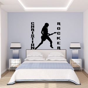 Christian rocker wall decal: female guitarist silhouette with vertical words