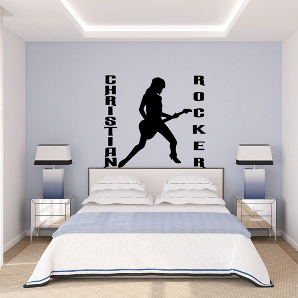 Christian rocker wall decal: female guitarist silhouette with vertical words
