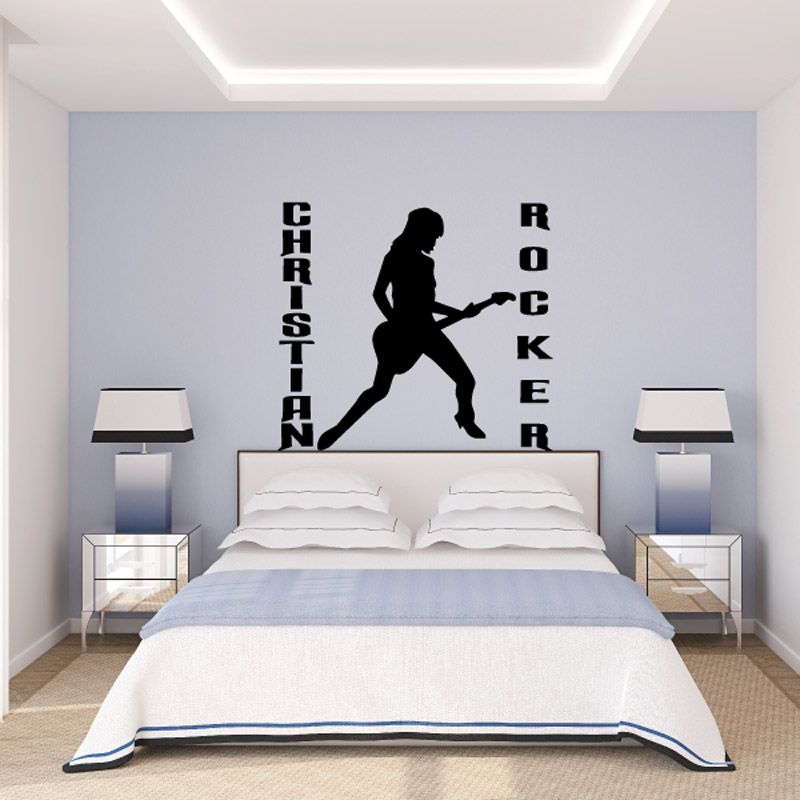 Christian rocker wall decal: female guitarist silhouette with vertical words