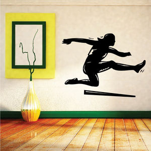 Black female hurdler wall decal silhouette with jumping pose and hurdle