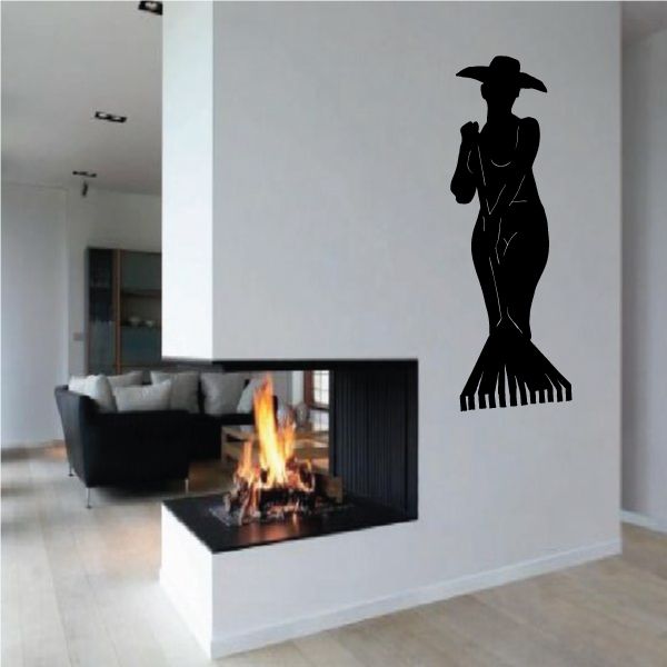Female cowboy raking decal silhouette with wide hat and rake-striped bottom