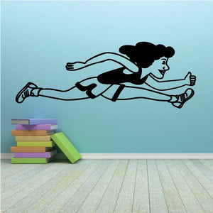 Running woman wall decal vinyl, black silhouette with light-blue runner outfit