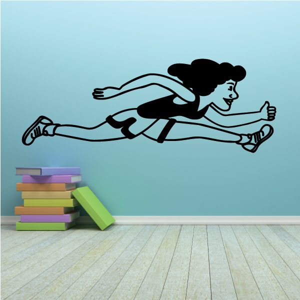 Running woman wall decal vinyl, black silhouette with light-blue runner outfit