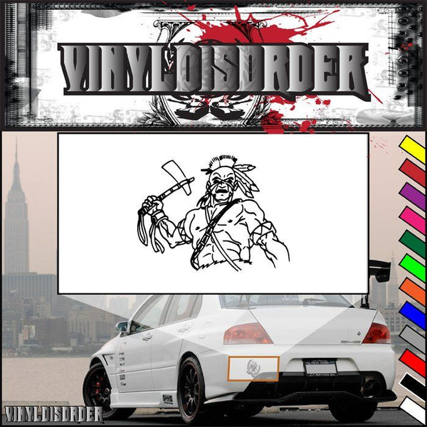 Native warrior decal with white headdress figure and bold red/black text banner