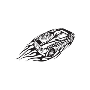 Ferrari race car flames decal, black and white stylized racing car with flame stripes