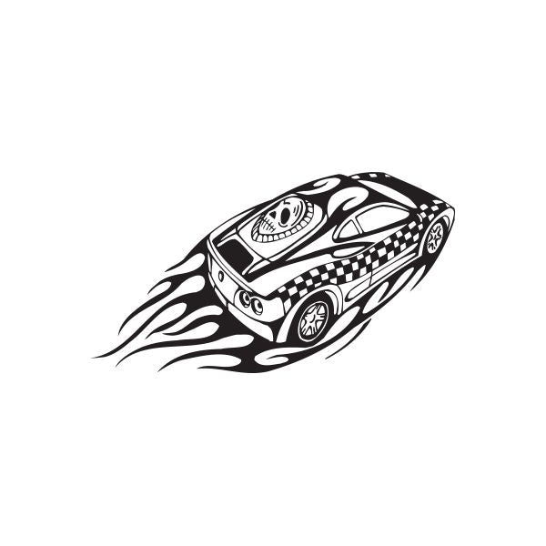 Ferrari race car flames decal, black and white stylized racing car with flame stripes