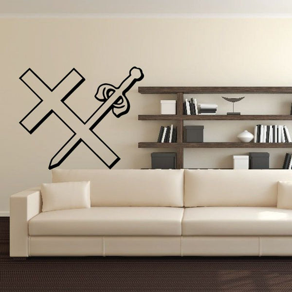 Black outline cross with sword handle wall decal
