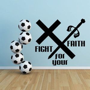 Faith decal with soccer balls, crossed X, and words FIGHT for YOUR FAITH
