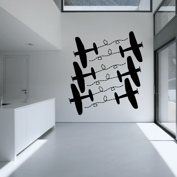Fighter plane path wall decal kit with three jet silhouettes and dashed flight lines