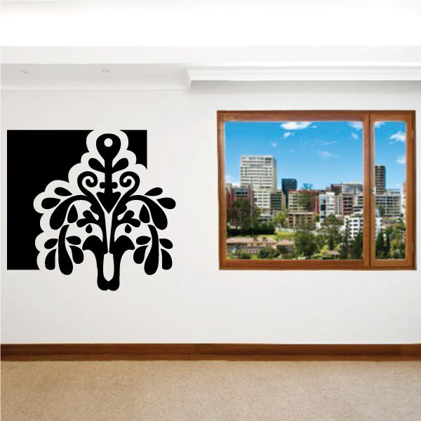 White filigree flower decal with ornate tree silhouette, wall sticker design